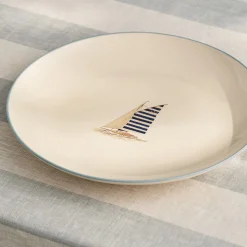 Coastal Boats Stoneware Dinner Plate - Blue Stripe