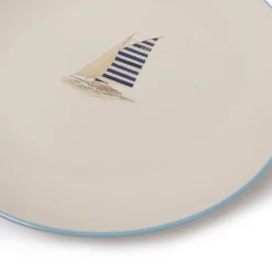 Coastal Boats Stoneware Dinner Plate - Blue Stripe