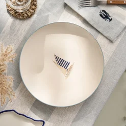 Coastal Boats Stoneware Dinner Plate - Blue Stripe