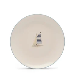 Coastal Boats Stoneware Dinner Plate - Blue Stripe