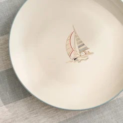 Coastal Boats Stoneware Dinner Plate - Red Stripe