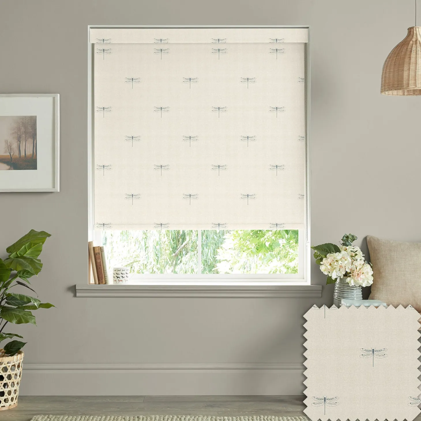 Dragonfly Teal Linen Look Made to Measure Roller Blind