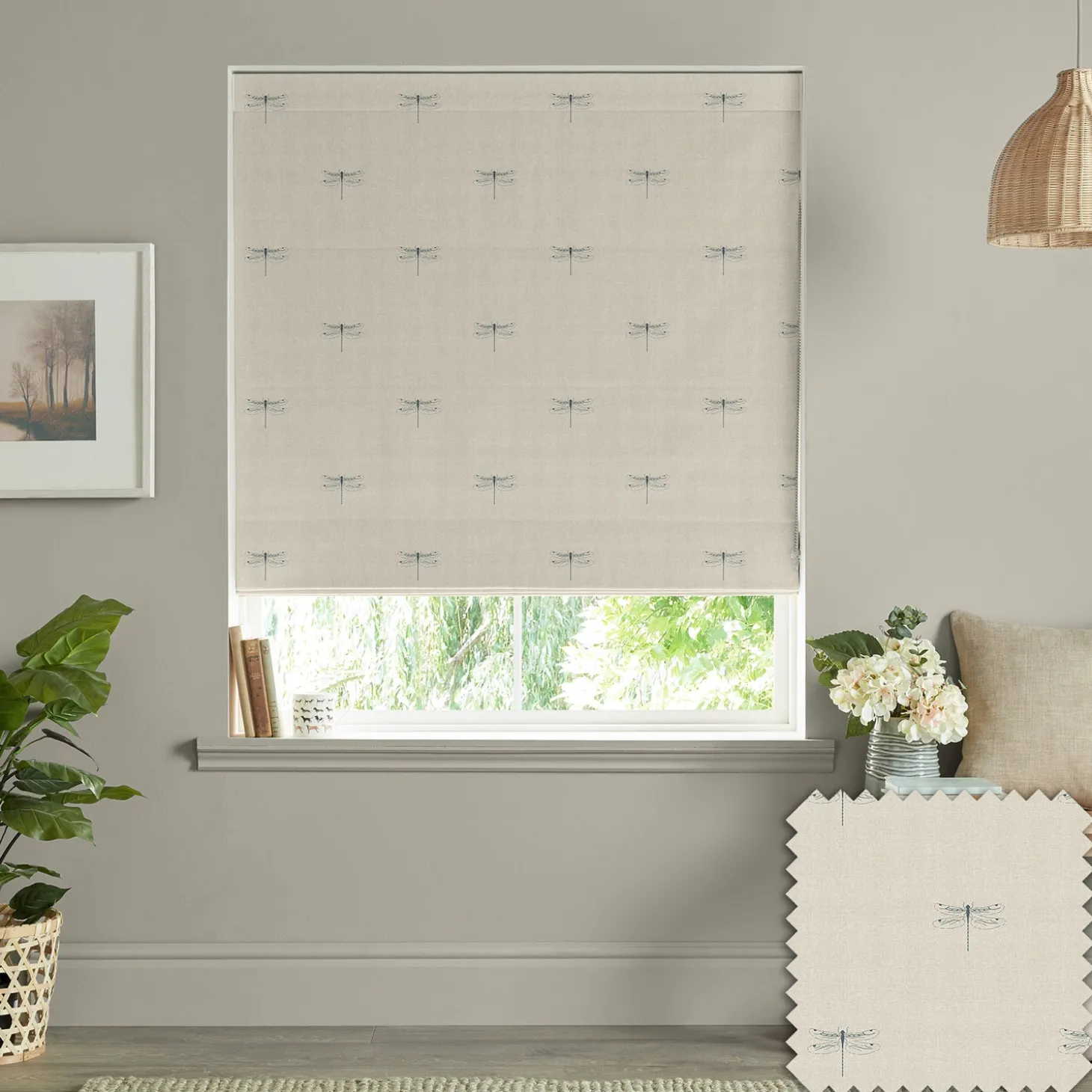 Dragonfly Teal Linen Look Made to Measure Roman Blind