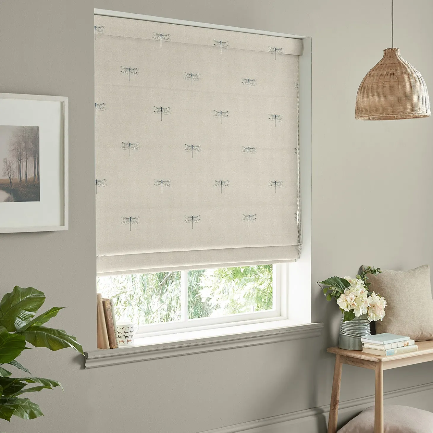 Dragonfly Teal Linen Look Made to Measure Roman Blind