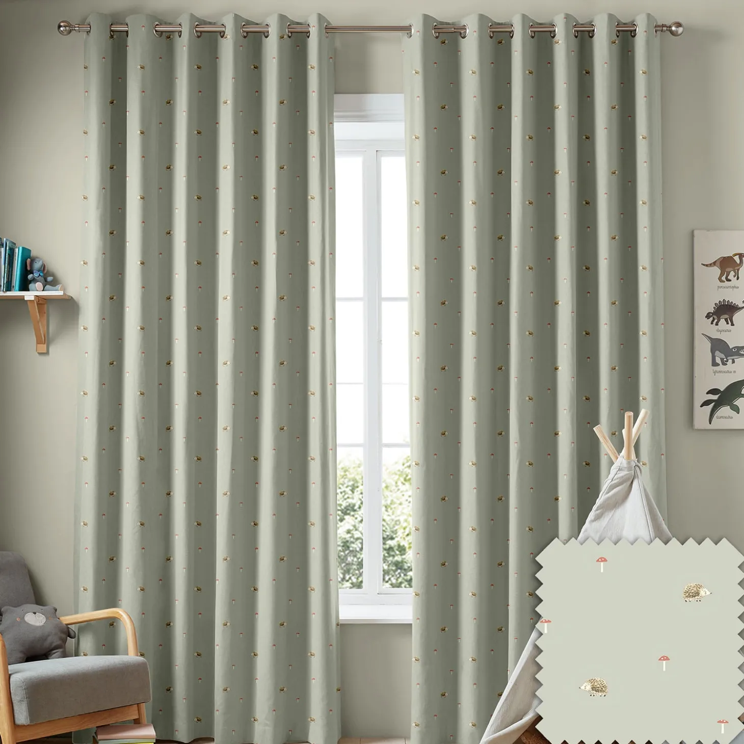 Hedgehogs Sage Green Made to Measure Curtains