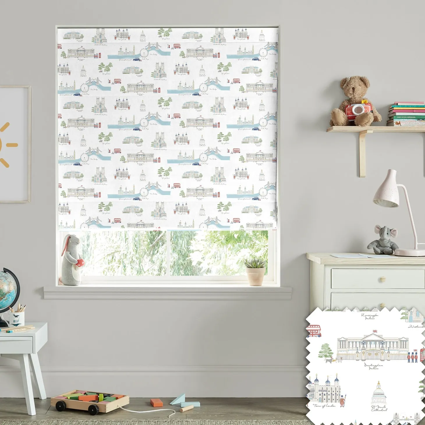 London White & Blue Made to Measure Roman Blind