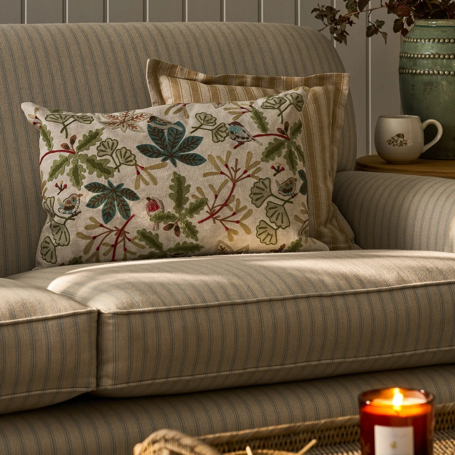 Orchard Birds Linen Embroidered Cushion