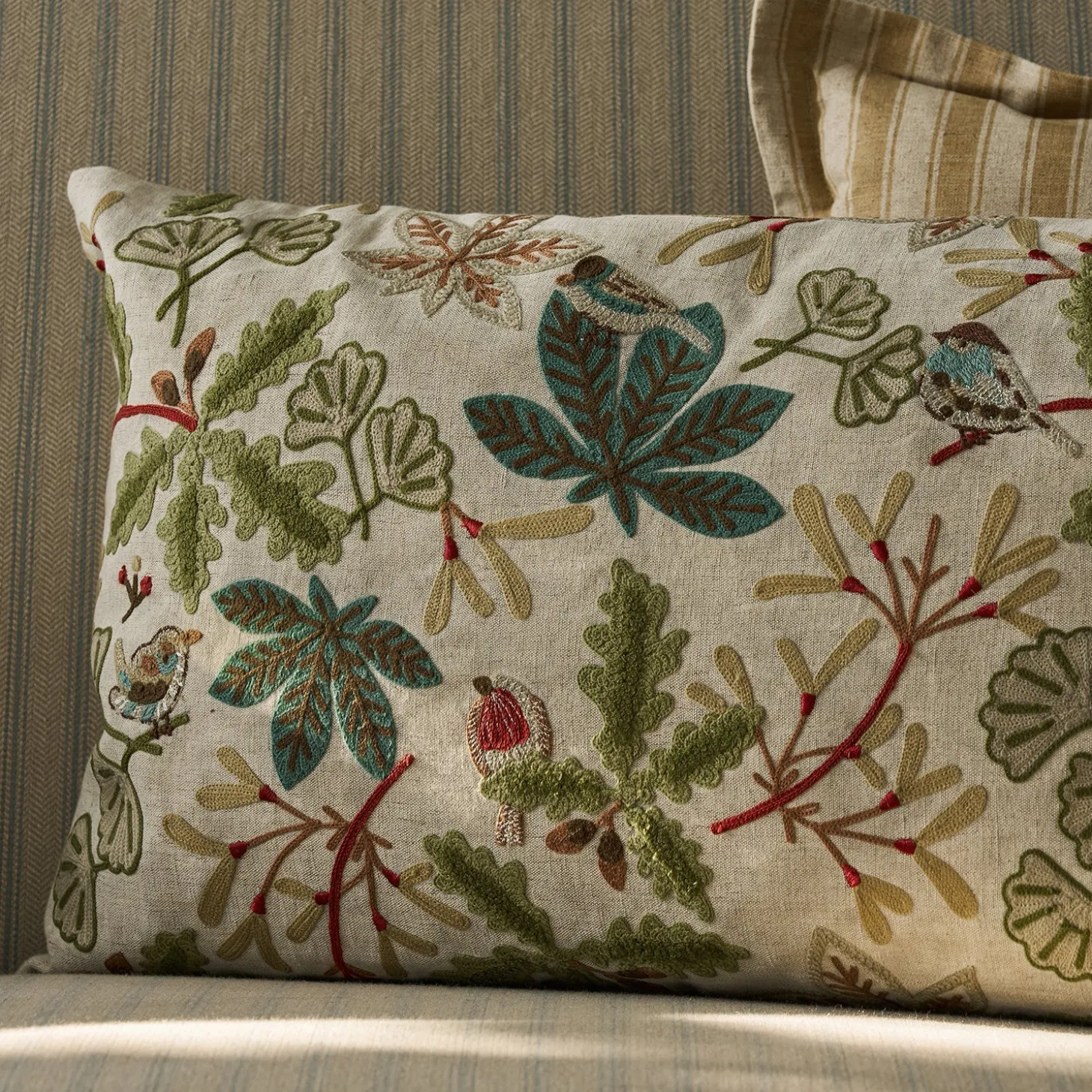 Orchard Birds Linen Embroidered Cushion