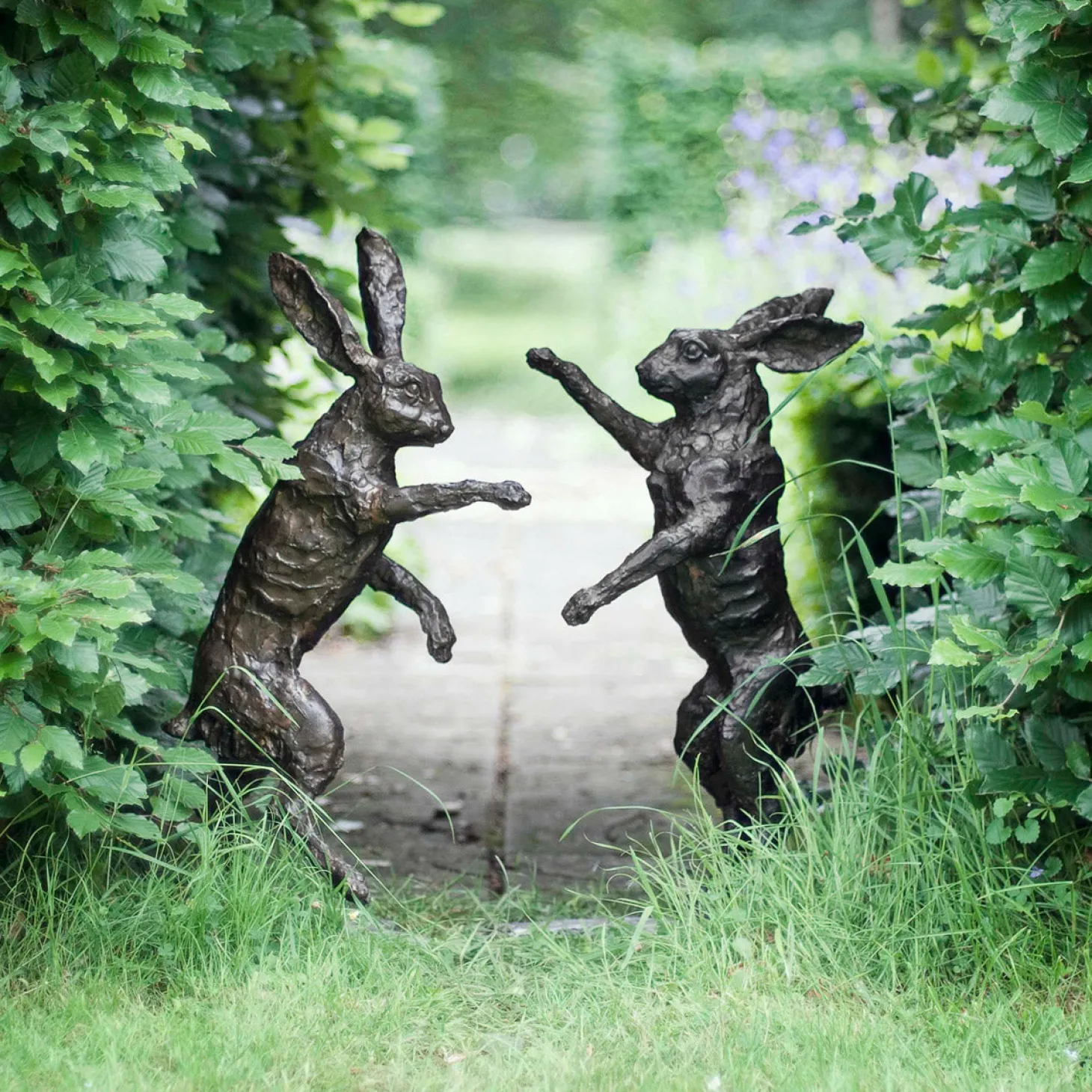 Pair Of Boxing Hares Bronze Sculpture