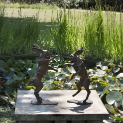 Pair Of Boxing Hares Bronze Sculpture