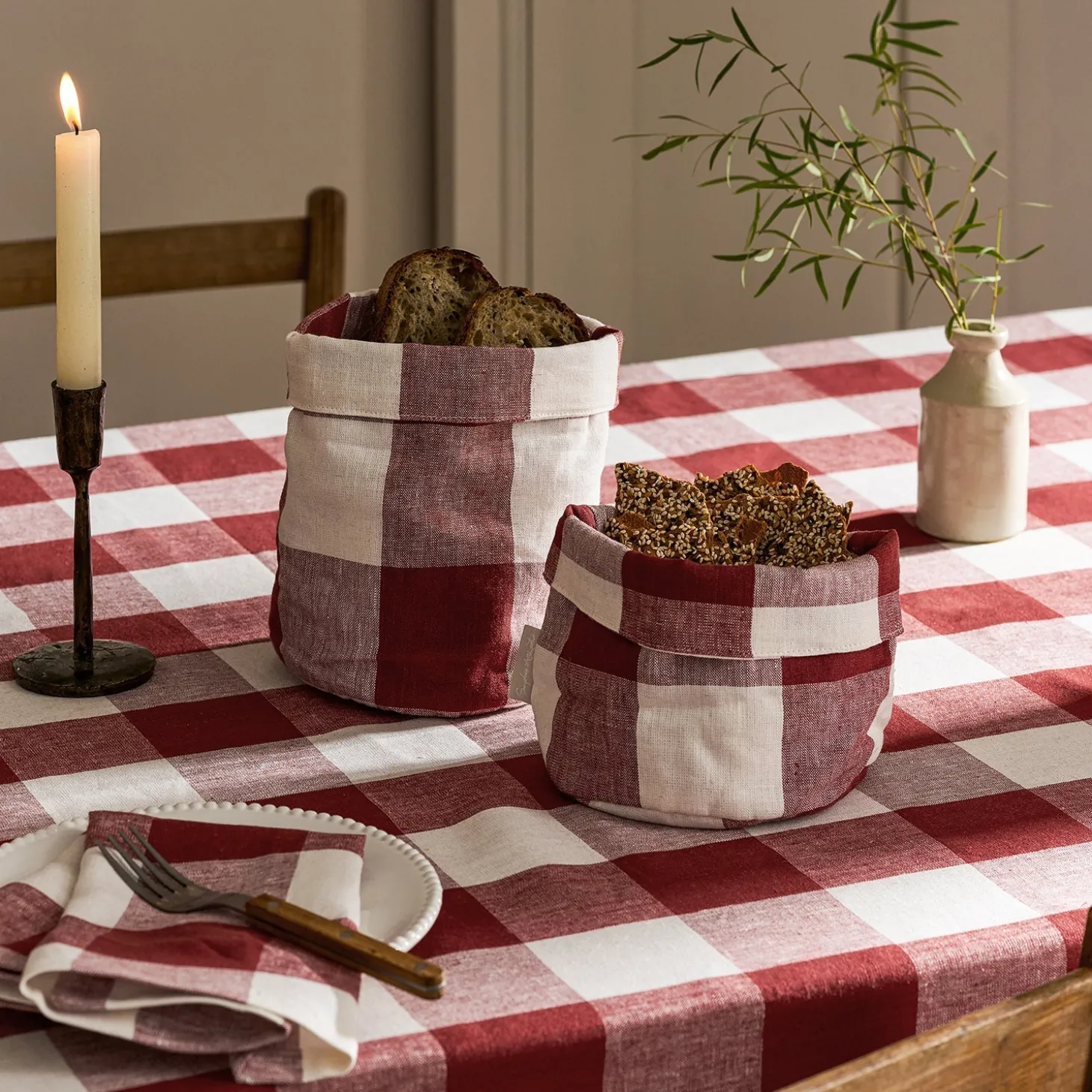 Rustic Red Gingham Linen Bread Baskets (Set of 2)