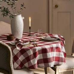 Rustic Red Gingham Round Linen Tablecloth