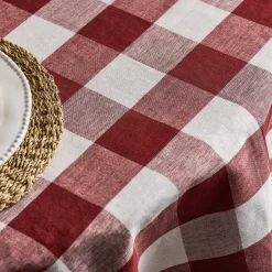Rustic Red Gingham Round Linen Tablecloth