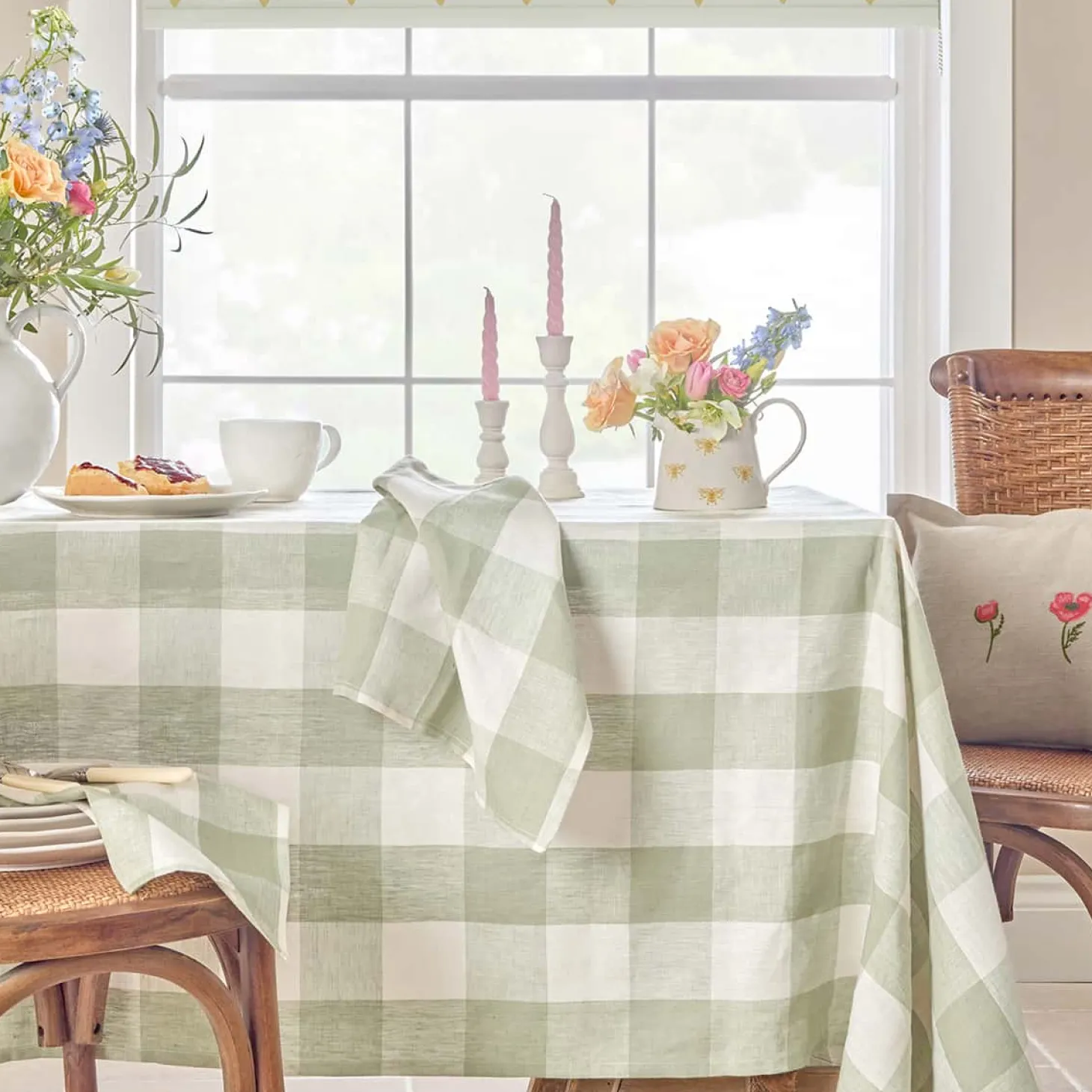 Sage Green Gingham Linen Tablecloth