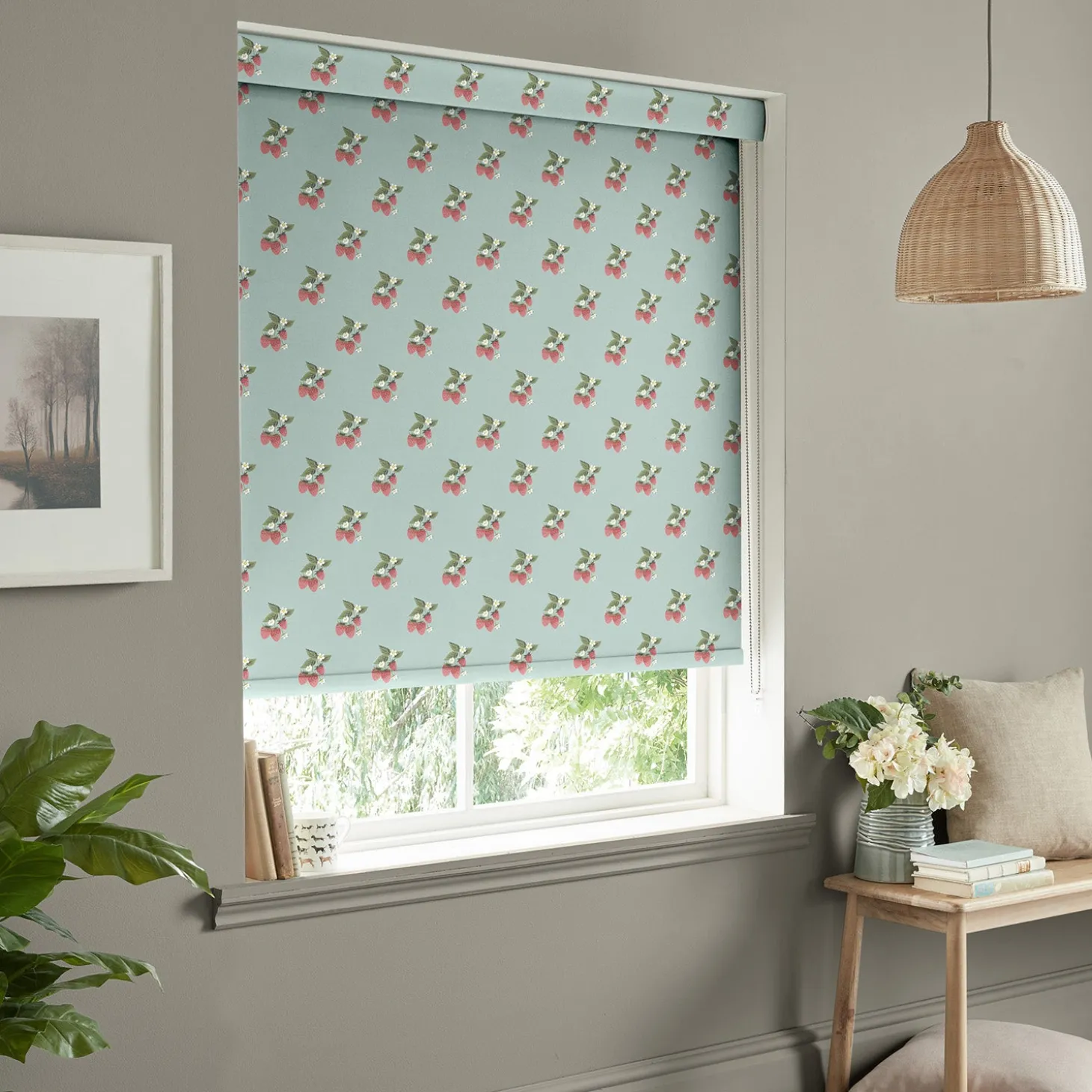 Strawberries Pale Blue Made to Measure Roller Blind