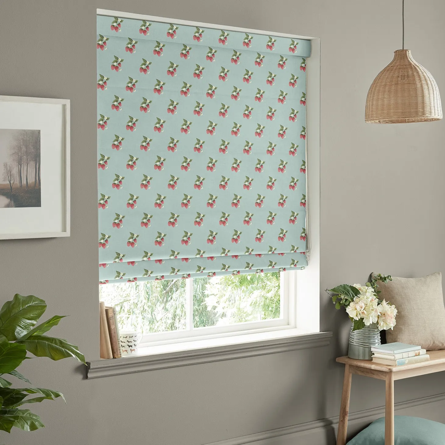 Strawberries Pale Blue Made to Measure Roman Blind