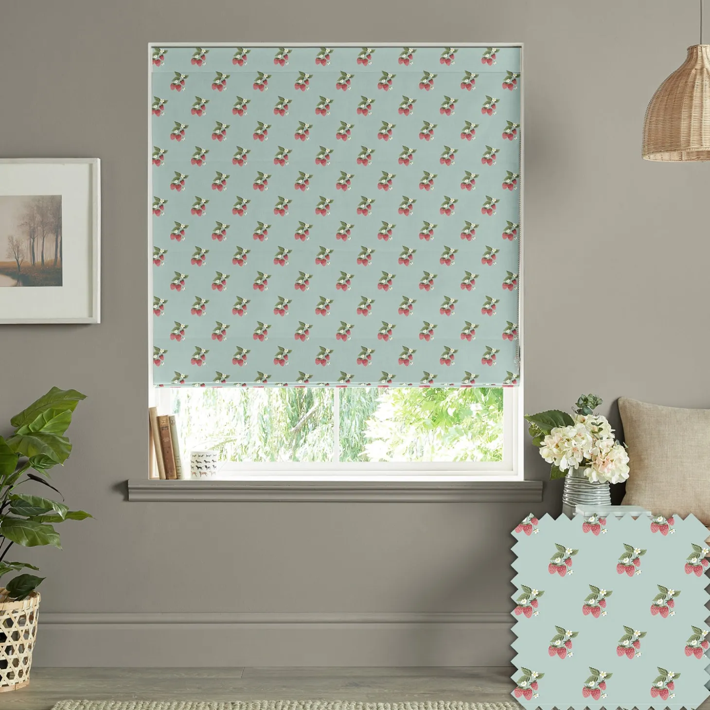 Strawberries Pale Blue Made to Measure Roman Blind