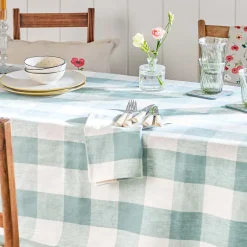 Teal Gingham Linen Tablecloth
