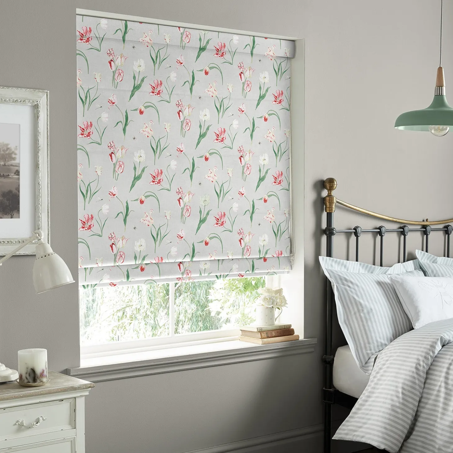 Tulips Pale Grey Made to Measure Roman Blind
