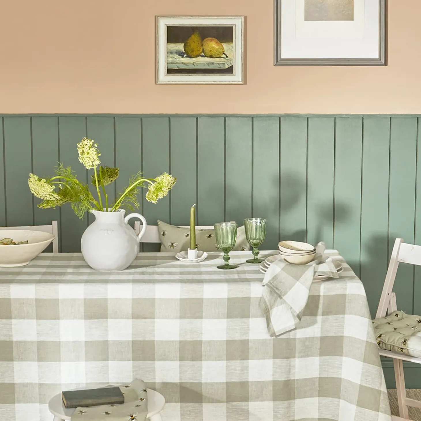 Warm Stone Gingham Linen Tablecloth