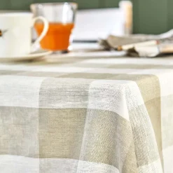 Warm Stone Gingham Linen Tablecloth