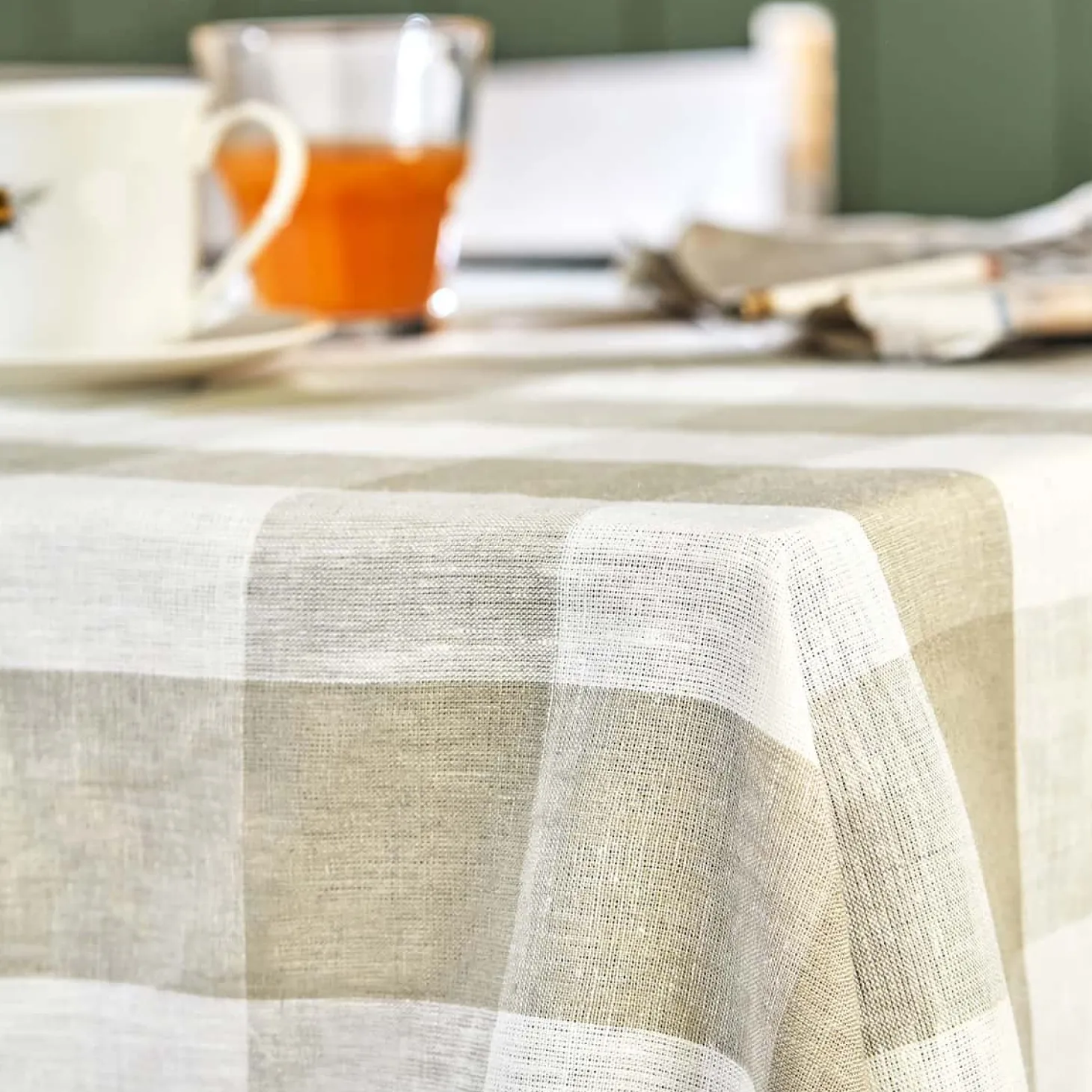 Warm Stone Gingham Linen Tablecloth