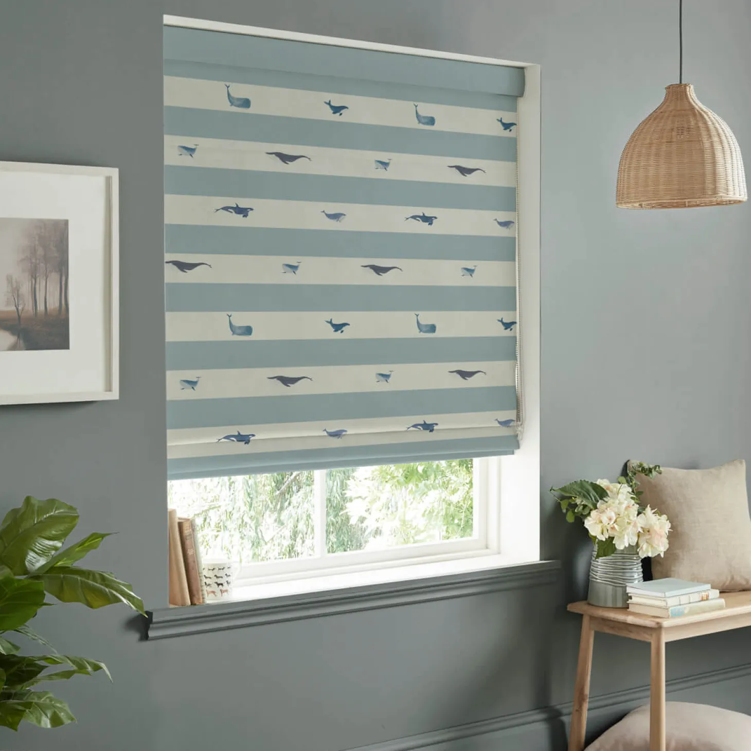 Whales Deep Duck Egg Made to Measure Roman Blind