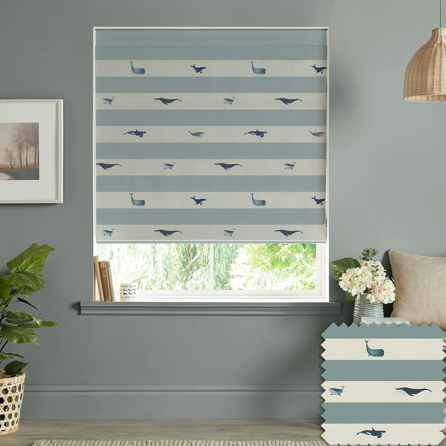 Whales Deep Duck Egg Made to Measure Roman Blind